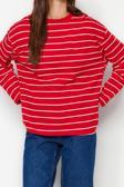Tarz Oversize Bisiklet Yaka Düşük Kol Uzun Çizgili Geniş Kesim İnce Örme Sweatshirt