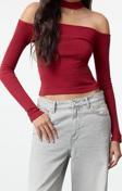 Stil Kadın Carmen Yaka Choker Detaylı Fitted Vücuda Oturan Fitilli Bluz Crop Örme Slim Kalıp