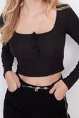 Stil Kadın Düğme Detaylı Fitted Vücuda Oturan Fitilli Esnek Bluz Crop Örme Slim Kalıp