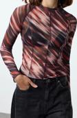 Stil Kadın Karyoka Dikişli Soyut Desenli Vücuda Oturan Kısa Bluz Crop Örme Slim Kalıp