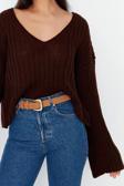 Stil Modern Kadın Crop Standart Kol V Yaka Yünlü Geniş Kalıp Basic Triko Kazak