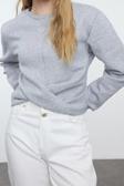 Tarz Slim Bisiklet Yaka Düşük Kol Crop Burgu Detaylı Crop Kalın İçi Polarlı Örme Sweatshirt