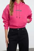 Oversize Kapüşonlu Düşük Kol Crop Slogan Baskılı Geniş Kalıp Kalın Polarlı Örme Sweatshirt