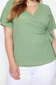 Moda Büyük Beden Kruvaze Örme Fit Düz Desen Casual Günlük Regular Kısa Kol Bluz