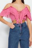 Moda V Yaka Örme Regular Düz Desen Şık gece Crop Kısa Kol Bluz
