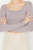 Moda Kare Yaka Örme Fit Düz Desen Sportswear Crop Uzun Kol Bluz