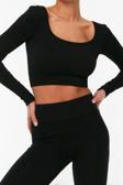 Moda Kare Yaka Örme Fit Düz Desen Sportswear Crop Uzun Kol Bluz