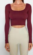Moda Kare Yaka Örme Fit Düz Desen Sportswear Crop Uzun Kol Bluz