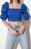 Moda Kare Yaka Dokuma Fit Düz Desen Casual Günlük Crop Truvakar Kol Kol Bluz