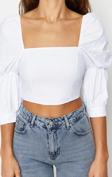 Moda Kare Yaka Dokuma Fit Düz Desen Casual Günlük Crop Truvakar Kol Kol Bluz