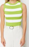 Moda Bisiklet Yaka Triko Slim Çizgili Desen Casual Günlük Crop Kolsuz Bluz
