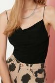 Moda Degaje Yaka Örme Slim Düz Desen Casual Günlük Regular Askılı Kol Bluz