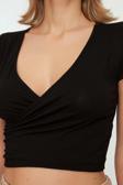Moda Kruvaze Örme Slim Düz Desen Casual Günlük Crop Kısa Kol Bluz