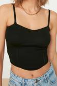 Moda Kalp Yaka Triko Slim Düz Desen Casual Günlük Super Crop Askılı Kol Bluz