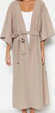 Moda Dokuma Regular Kalıp Midi V Yaka İspanyol Kol Keten görünümlü Basic Düz Desen Kimono Kaftan