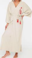 Moda Dokuma Regular Kalıp Uzun V Yaka Standart Kol Keten karışımlı Kruvaze Etnik Desen Kimono Kaftan