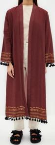 Moda Dokuma Rahat Kalıp Uzun Kruvaze Düşük Kol Keten görünümlü Kruvaze Tesettür Giyim Kimono Kaftan