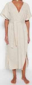 Moda Dokuma Oversize Kalıp Uzun V Yaka Standart Kol Müslin Kruvaze Düz Desen Kimono Kaftan