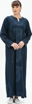 Uzun Kol Şile Bezi Simli Kaftan Midi Boy Yazlık Elbise Lacivert Lcvt