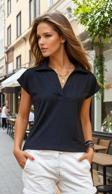 Kadın Kısa Kollu Fitilli Kaşkorse Viskon Pamuk Polo Yaka Bluz T-Shirt 2879180