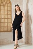Kadın Oversize Müslin Derin V Yaka Askılı Kolsuz Yırtmaçlı Uzun Günlük Elbise 3419300