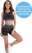 Uniquetrenders Kadın Dikişsiz Melanjlı Fitness Yoga Pilates Sporcu Büstiyer Şort Takımı Siyah M-L