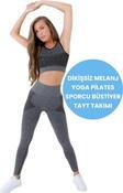 Uniquetrenders Kadın Dikişsiz Melanjlı Fitness Yoga Pilates Sporcu Büstiyer Tayt Takımı Siyah M-L