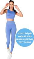 Uniquetrenders Kadın Fitilli Seamless/Dikişsiz Fitness Yoga Pilates Sporcu Büstiyer Tayt Takımı Bebe Mavisi XS-S