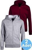 Uniquetrenders Çocuk Unisex Pamuklu Kapüşonlu Fermuarlı Sweatshirt 2'Li Set Gri - Bordo 8 Yaş