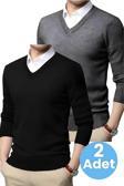 Uniquetrenders 2'Li  Erkek V Yaka Uzun Kol Triko Tüylenmez Süveter Erkek Slim Fit Süveter Füme - Siyah L