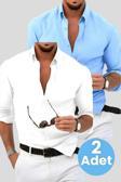 Uniquetrenders Slim Fit Kravatlık Uzun Kol Kolay Ütü Nefes Alan Dört Mevsim Slim Fit Erkek Gömlek 2'Li Set Mavi - Beyaz S