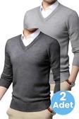 Uniquetrenders 2'Li  Erkek V Yaka Uzun Kol Triko Tüylenmez Süveter Erkek Slim Fit Süveter Gri - Füme L