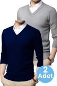 Uniquetrenders 2'Li  Erkek V Yaka Uzun Kol Triko Tüylenmez Süveter Erkek Slim Fit Süveter Lacivert - Gri 2XL