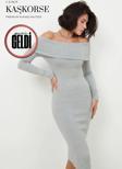 Black Premium Kaşkorse Madonna Yaka Uzun Kollu Mini Elbise-Kayık Yaka Açık Gri