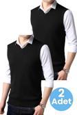 Uniquetrenders 2'Li  Erkek V Yaka Triko Tüylenmez Süveter Erkek Slim Fit Süveter Siyah - Siyah M