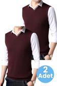Uniquetrenders 2'Li  Erkek V Yaka Triko Tüylenmez Süveter Erkek Slim Fit Süveter Bordo - Bordo XL