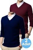 Uniquetrenders 2'Li  Erkek V Yaka Uzun Kol Triko Tüylenmez Süveter Erkek Slim Fit Süveter Bordo - Lacivert M