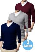 Uniquetrenders 3'Lü   Erkek V Yaka Uzun Kol Triko Tüylenmez Süveter Erkek Slim Fit Süveter Lacivert - Gri - Bordo 2XL