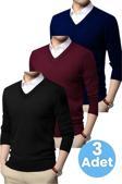 Uniquetrenders 3'Lü   Erkek V Yaka Uzun Kol Triko Tüylenmez Süveter Erkek Slim Fit Süveter Siyah - Bordo - Lacivert 2XL