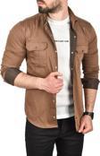 DeepSEA Erkek Kahve Slim Fit Kolay Ütülenebilir Pamuklu Spor Gömlek Likralı Kot Gömlek 2502505