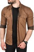 DeepSEA Erkek Kahve Slim Fit Pamuklu Cepli Kot Gömlek Çıtçıtlı Uzun Kollu Spor Gömlek 2502503