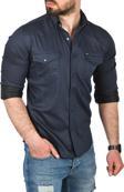 DeepSEA Erkek Lacivert Slim Fit Pamuklu Cepli Kot Gömlek Çıtçıtlı Uzun Kollu Spor Gömlek 2502503