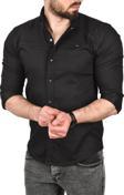 DeepSEA Erkek Siyah Slim Fit Pamuklu Kot Gömlek Kolay Ütülenebilir Çıt Çıtlı Likralı Spor Gömlek 2502504