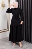 Sfg Life Moda Kadın Belden Kuşaklı Ve Bisiklet Yaka Ve Önü Düğmeli Bürümcük Kumaş Elbise Siyah XL-2XL