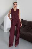Laluvia Bordo Gold Düğme Poliviskon Kumaş Yelekli Takım - 0375