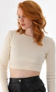 Kallima Ekru Fitted/Vücuda Oturan Bisiklet Yaka Crop Fitilli Esnek Örme Bluz