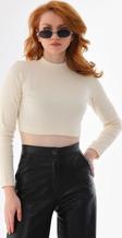 Kallima Ekru Dik Yaka Fitted/Vücuda Oturan Crop Fitilli Esnek Örme Bluz