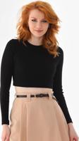 Kallima Siyah Fitted/Vücuda Oturan Bisiklet Yaka Crop Fitilli Esnek Örme Bluz