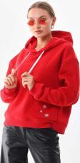 Kallima Kırmızı Kışlık Kalın Kar Tanesi Baskılı Cepli Kapüşonlu Oversize/Geniş Kesim Sweat