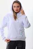 Kallima Beyaz Kışlık Kalın Kar Tanesi Baskılı Cepli Kapüşonlu Oversize/Geniş Kesim Sweatshirt